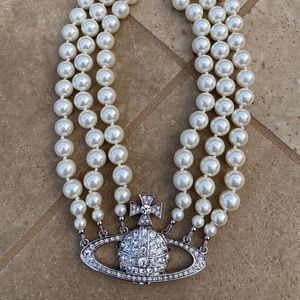 Vivienne Westwood Silver Three Row Pearl Necklace